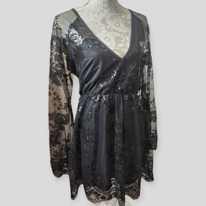 Boohoo Black Lace Whimsigoth Fairy Sequin Wrap Skater Dress size 14